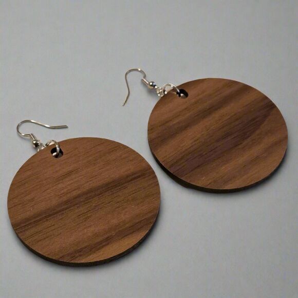Handmade Walnut Wood and Shell Round Disc Dangle Earrings - Picture 2 of 2